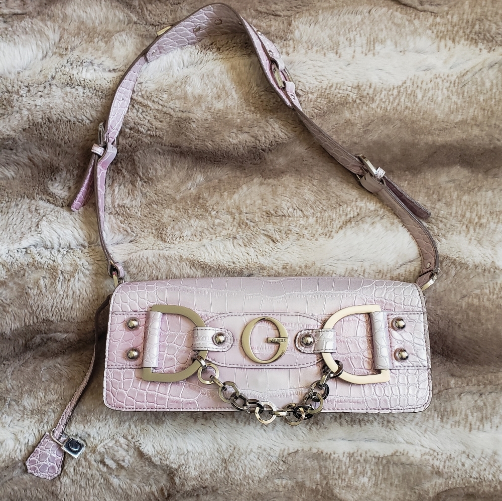 GUESS Croc Embossed Metallic Pink Handbag